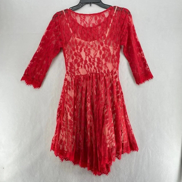 Free People A-Line Dress Women's Sz 0 Red Floral Embroidered Mesh Lace Pleated - Picture 2 of 10